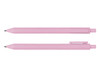 A pink ballpoint pen features a sleek design with a clip on one side. It has a smooth finish and a rounded tip.