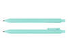 A turquoise ballpoint pen is displayed, featuring a smooth barrel and a clip for easy attachment.