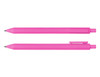 A pink ballpoint pen with a smooth finish, featuring a clip and a rounded tip. It has a simple logo.