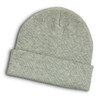 A light grey beanie with a ribbed texture and a folded cuff, featuring a subtle logo.