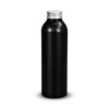 A drink bottle with a sleek black finish and a silver screw top lid, featuring a logo on the side.