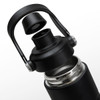 A drink bottle in matte black with a detachable lid featuring a handle and a stainless steel interior.