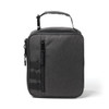 A grey cooler pack with a zippered top, side pockets, and a carrying handle. It features a logo on the front.