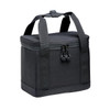 A cooler bag in dark grey with sturdy handles and a zippered closure, featuring a logo on the side.