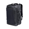 A black travel backpack featuring multiple compartments, adjustable straps, and a durable design. It has a logo on it.
