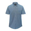 A short-sleeve knit shirt in shades of blue, featuring a button-up front and a chest pocket. It has a logo.