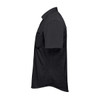 A short-sleeve black knit shirt with a collar and a chest pocket, featuring a logo.