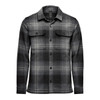 A men's shacket in a black and grey Highland plaid pattern, featuring two chest pockets and long sleeves.