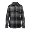 A women's shacket in a black and grey highland plaid pattern, featuring a button-up front and two chest pockets.