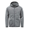 A grey full zip fleece hoody with a hood and zippered pockets, featuring a logo on the chest.