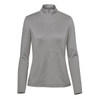 A women's pullover in grey with a quarter zip, featuring long sleeves and a logo.