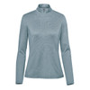 A light blue women's pullover with a 1/4 zip and long sleeves. It has a logo on the chest.