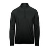 A black 1/4 zip pullover for men with long sleeves, featuring a collar and a logo on the sleeve.