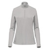 A grey women's pullover featuring a 1/4 zip and long sleeves, with a small logo on the lower side.