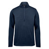 A navy blue men's pullover with a quarter zip and long sleeves, featuring a logo on the chest.