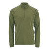 A men's 1/4 zip pullover in olive green with long sleeves and a zippered collar, featuring a logo.