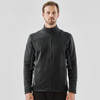 A men's knit jacket in black with a zippered front and a high collar, featuring a logo on the side.