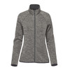 A women's full zip fleece jacket in a grey marled pattern with a high collar and long sleeves. Features branding.