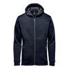 A navy blue men's hoodie with a full zip, featuring a hood and side pockets, and a logo on the chest.