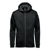 A black hoody featuring a zip front, a hood, and a soft inner lining, with side pockets and a logo.