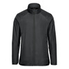 A black men's full zip jacket with a high collar and a sleek design. It features branding on the material.