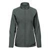 A women's full zip jacket in dark grey with a collar and long sleeves, featuring a logo on the front.