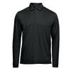 A long-sleeved, black polo shirt with a collar and buttoned placket, featuring a logo.