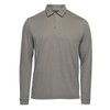 A men's long-sleeve polo in grey with a collar and three buttons, featuring a logo on the side.