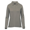 A long-sleeve women's polo in a muted grey tone, featuring a collar and buttons, along with a logo.