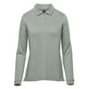 A long-sleeve polo shirt in a soft green shade, featuring a collar and a button placket. The shirt has a logo.