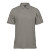 A men's short-sleeve polo in grey, featuring a classic collar and three-button placket. It has a logo on the chest.