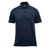 A navy blue men's polo shirt with a collared neck and short sleeves, featuring a logo.