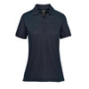 A dark navy women's polo shirt with a collared neck and short sleeves. It features buttons and a logo.