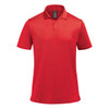 A red polo shirt with a collar and short sleeves, featuring a logo on the chest.