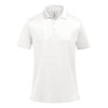 A white men's polo shirt featuring a classic collar and a logo on the chest.