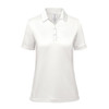 A white women's polo shirt with a collar and short sleeves, featuring a branded logo.