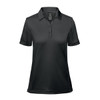A black women's polo shirt with a classic collar and short sleeves, featuring a logo on the chest.