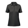 A women's short-sleeve polo shirt in black with a collar and a branding logo.