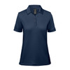A women's polo shirt in navy blue with a classic collar, short sleeves, and a discreet logo.