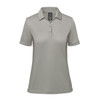 A women's polo shirt in a light grey colour. It features a collar, short sleeves, and has a branding logo.