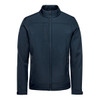 A navy blue softshell jacket featuring a high collar and zipped pockets, with a logo on the chest.