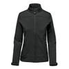 A women's black softshell jacket with a zip front, high collar, and side pockets, featuring a logo.