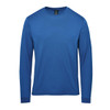 A blue long-sleeve T-shirt with a round neckline and a logo on the label.