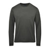 A long-sleeve t-shirt in a dark olive green colour with a simple design and a logo.