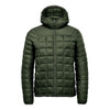 A green puffer jacket with a hood, featuring a quilted design and a zip closure at the front. It has a logo.