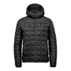 A black puffer jacket with a hood, featuring a quilted design and a front zipper. It has a logo on the chest.