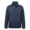 A navy puffer jacket with a high collar and zip closure, featuring a logo on the upper left side.
