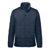 A navy blue men's thermal jacket featuring a zip front and padded sections, with a collar and a logo on the chest.