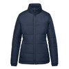 A navy blue women's thermal puffer jacket with a zip front and a high collar, featuring a logo.