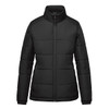 A women's black thermal puffer jacket with a zip closure and a high collar. It features a logo on the chest.